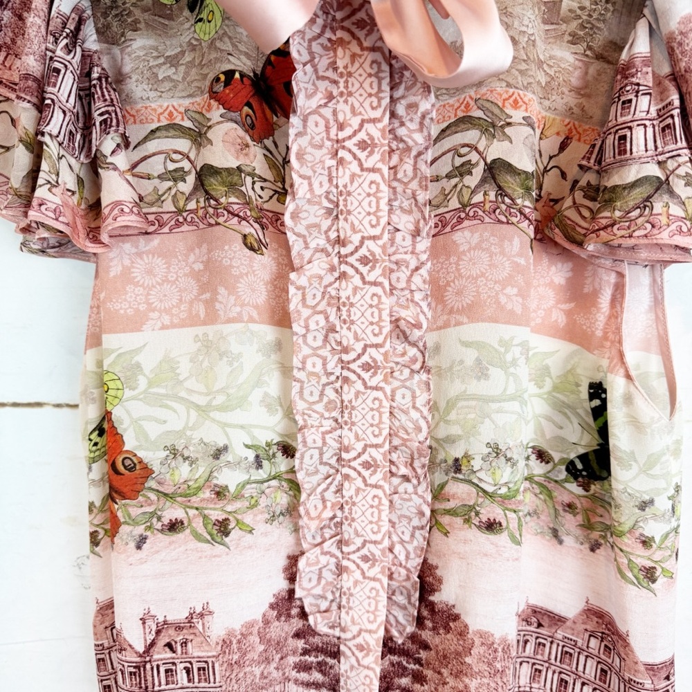 alice + olivia | Pink Versailles Minda Ruffle Tiered Short Sleeve Tie Top, M - Picture 7 of 16
